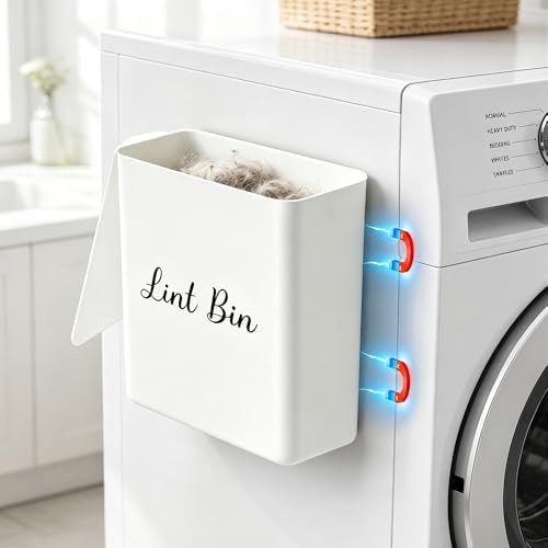 Magnetic Lint Bin with Lid for Laundry Room, Compact Plastic Dryer Lint Holder, Small Laundry Trash Container for Dryer Lint & Used Dryer Sheets, Space Saving Storage Decor Organizer (White) by DIRZHX