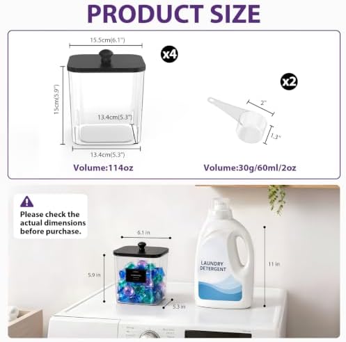 COAZEX 4 Pack Clear Laundry Pods Container Black Lids Scoops & Labels - Image 2
