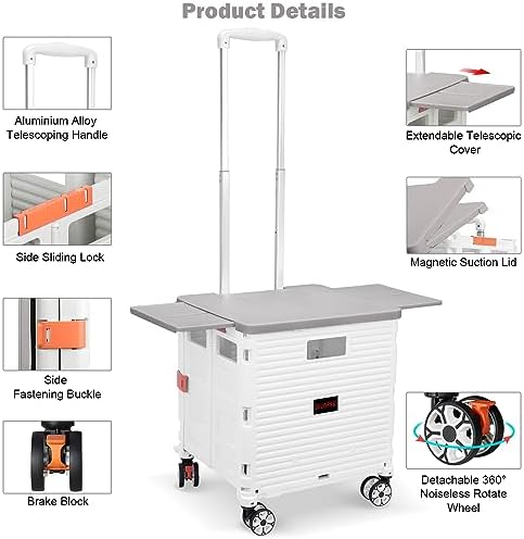 Foldable Utility Cart Collapsible Portable Crate Rolling Carts with Wheels Tote Basket with Magnetic Lid Telescopic Cover Wear-Resistant 360°Rotate Wheel Noiseless for Shopping Storage Office Use - Image 2