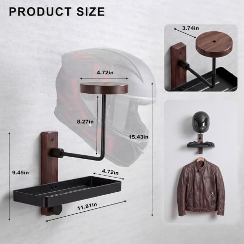 Helmet Holder Wall Mount with Shlef, Helmet Storage Rack with Hooks, Solid Wood & Strong Aluminum Design for Motorcycle, Bike, Football, Racing, Skiing Sports Gear, Jackets & Hats (Brown*3) - Image 4