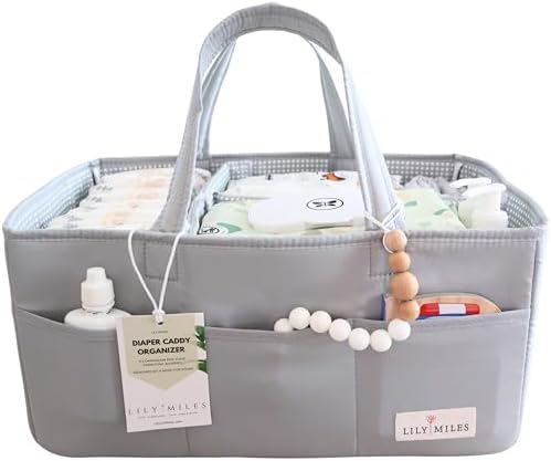 Lily Miles Diaper Caddy Organizer with 8 Pockets, Wipeable Baby Caddy Basket for Diapers and Wipes, Baby Registry Favorites, Nursery Tote Bag for Changing Table or Car (Heather Grey, Large) by LilyMiles