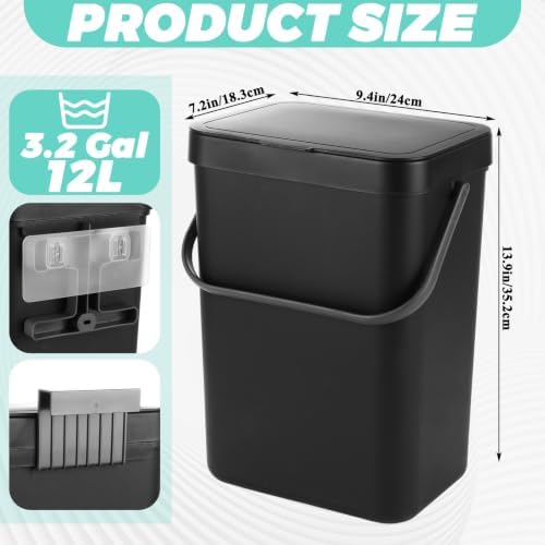 WOPPLXY Hanging Trash Can with Lid, 3.2 Gallon Kitchen Hanging Garbage Can with Lid, Wall-Mounted Garbage Can for Cabinet, Under Sink, Bathroom, Bedroom, Office(1 Pack,12 L,Black) - Image 2