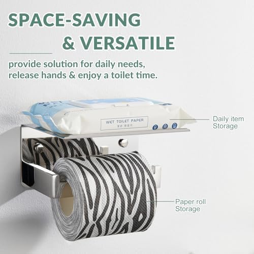 APLusee Polished Chrome Toilet Paper Holder with Phone Shelf, Wall Mounted - Image 5