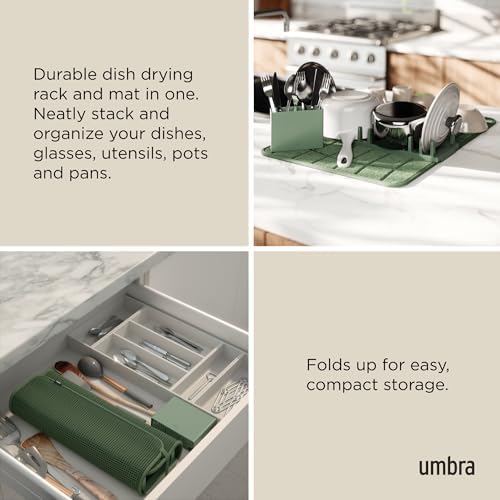 Umbra Udry Dish Drying Rack with Microfiber Mat, Foldable Drainer, Spruce - Image 4