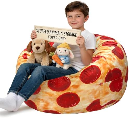 Lukeight Pizza Stuffed Animal Storage Bean Bag Chair Cover for Kids, Velvet Plush Toy Organizer Seat, Cover Only, No Filling Included, Long YKK Zipper, Side Pocket, X-Large 30"D x 18"H by Lukeight
