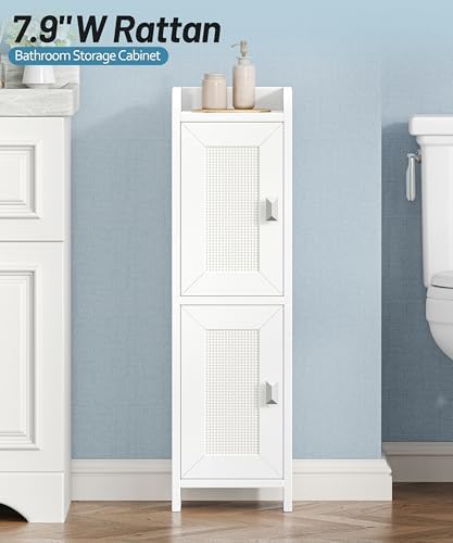 Akxomel Rattan Small Bathroom Cabinet Narrow Toilet Paper Organizer White - Image 2