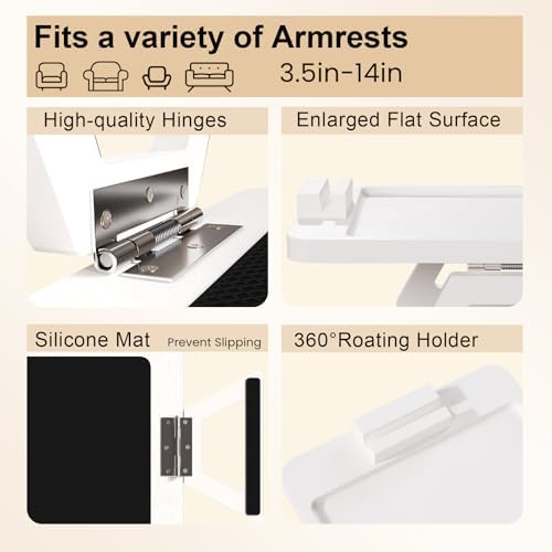 Couch Arm Tray with 360°Phone,Bamboo Folding Sofa Tray,Sofa Armrest Trays Clip-On Couch Desk for Drinks,Snacks,Phone,Remote Control（White） - Image 5