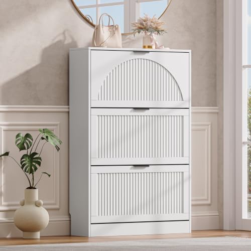 Fluted Shoe Storage Cabinet for Entryway, 3 Flip Drawers, White by BOXACTION