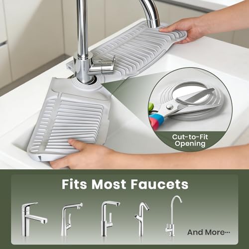 2PCS 24 Inch Faucet Mat for Kitchen Sink, Silicone Splash Guard for Kitchen Sink Area, 7° Slope Fast Self-Draining Sink Mat, Cuttable Hole Design, Sink Backsplash Guard Draining Mat, Light Grey - Image 6