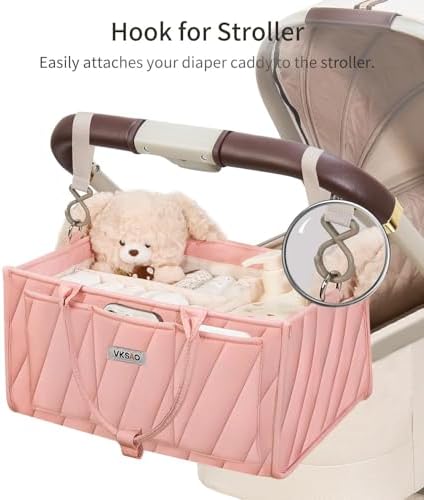 Pink Diaper Caddy Organizer – Portable Storage Basket with Shoulder Strap & Stroller Hooks, Splashproof Quilted Nursery & Car Tote for Baby Girl Shower Gift, Baby Registry, Blush Pink - Image 4