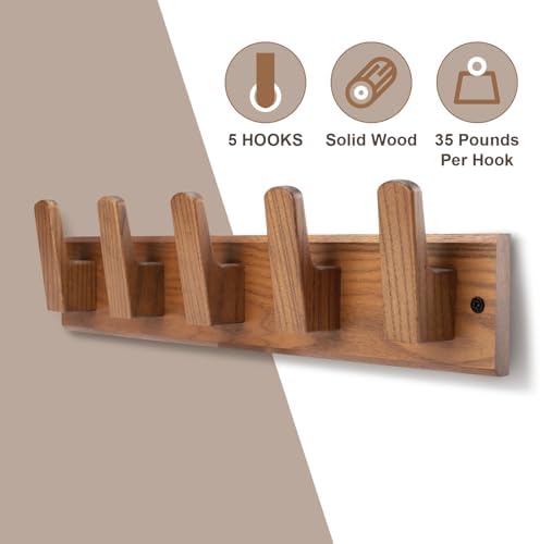 Wood Coat Rack Wall Mount with 5 Hooks, 17'' Hole to Hole Wall Coat Rack for Hanging Coat Jacket Backpack, Natural Wall Coat Hook - Image 4