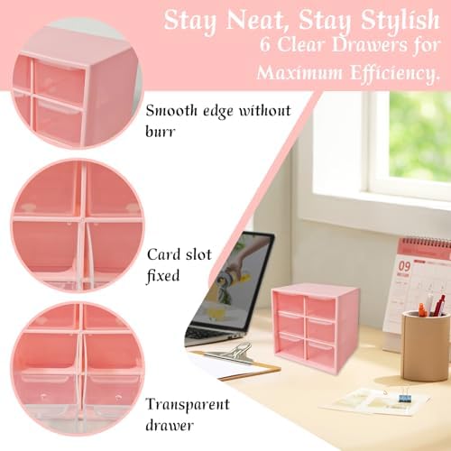 Small Mini Drawer Organizer for Desk, 6 Drawers, 4.7" x 4.7" x 3.8" Pink - Image 3