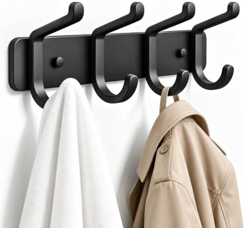 Heavy Duty Coat Rack Wall Mounted, Metal Wall Hook Rack with 4 Double Hooks for Coats, Hats, Jackets, Robes, Towels, Keys, Backpacks and Purses, Entryway, Closet, Mudroom, Bathroom (Black, 1 Pack) by pickpiff
