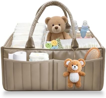 Baby Diaper Caddy Organizer,Portable Large Capacity Nursery Storage Basket,Multifunctional Nursery Diaper Holder,Capacity Waterproof Storage Bin for Infant Diapers,Gift for Baby Shower,khaki by Pkulater