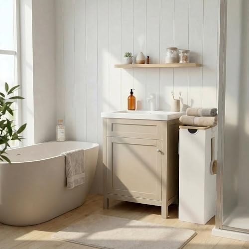 efluky Slim Laundry Hamper with Lid and Removable Bag, 75L Beige - Image 2