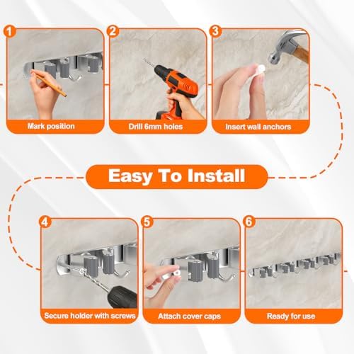 Broom Holder Wall Mount Mop Organizer, 5 Racks 4 Hooks - Image 4