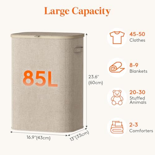 Lifewit 85L Large Laundry Hamper with Lid, Removable Inner Bag, Beige - Image 3