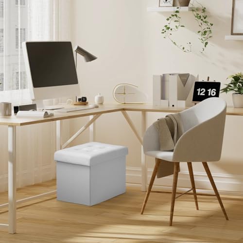 Bsketa Storage Ottoman Bench,17 Inch Folding Leather Foot Rest Stool,White - Image 6