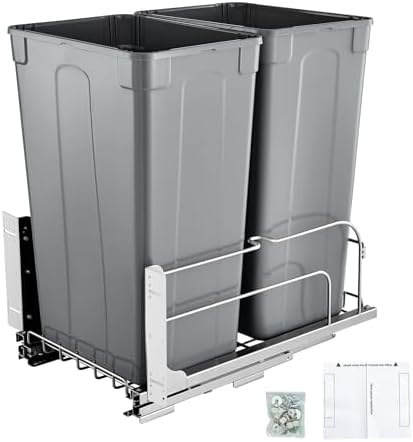 VEVOR Pull-Out Trash Can, 50 QT x2 Double Under Mount Kitchen Waste Container, Heavy Duty Garbage Recycling Bin with Door Kit and Soft Close Slide, for Kitchen Cabinet, Sink, Under Counter (Grey) by VEVOR