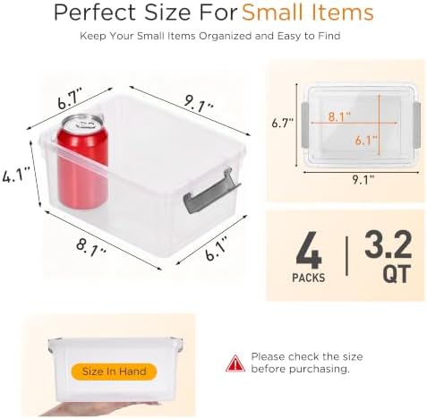 Citylife 4 Packs Small Storage Bins with Lids 3.2 QT Plastic Storage Containers for Organizing Stackable Clear Storage Boxes - Image 2