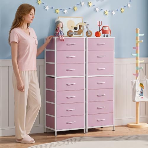 WLIVE Fabric Dresser for Bedroom, 7 Drawer Dressers Chest of Drawers, Pink - Image 2