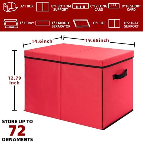 inin Christmas Ornament Storage Box with Adjustable Dividers,Stackable Drawer Ornament Organizers,Ornaments Storage Container Bin with Lid for Xmas Decorations (72 Ball, Red, with Removable Tray) - Image 2