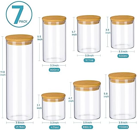 Vtopmart Glass Food Storage Jars, 7 Pack Kitchen Containers with Airtight Bamboo Wooden Lids for Pasta, Cookies, Nuts, Coffee Beans, Cereal, Canisters Set for Flour, Pantry Organization, BPA Free - Image 6