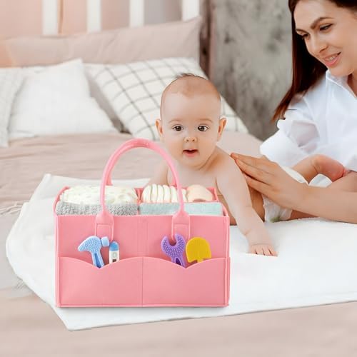 PandaEar 2 Pack Baby Diaper Caddy Organizer, Portable Diaper Holder Nursery Storage Basket for Wipes & baby stuff, Collapsible Baby Organizers with Divided Design (Red/Pink) - Image 4
