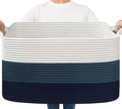 Goodpick Large Woven Rope Blanket Basket, Rectangle, Light Blue by Goodpick