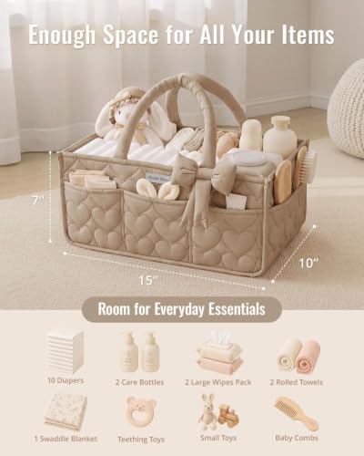 Blissful Diary Baby Diaper Caddy Organizer, Heart-Quilted, Brown - Image 4