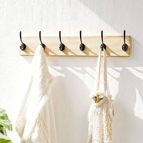Dseap Coat Rack Wall: 24" Long, Patented, Heavy-Duty, 6-Double-Hooks Wooden Wall Mounted Coat Rack Coat Hanger Hook Rail for Winter Coats Hat Jacket Clothing, Light Brown, Pack of 2 - Image 7