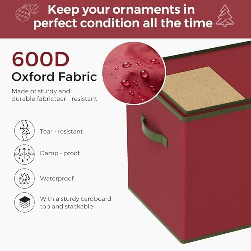 Large Christmas Ornament Storage Box, Dual Zippers, Stackable Christmas Storage Container with Lid, 6 Trays, 600D Oxford, Fits 54-4”, Red - Image 4