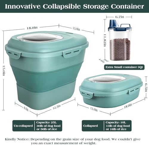 TIOVERY Dog Food Storage Container, Airtight Collapsible 13lb to 30lb Pet Food Container with Flip Top, Rolling Wheel, Scoop and 3L small container for Dog Cat Food and Dry Food of Rice, Flour - Image 2