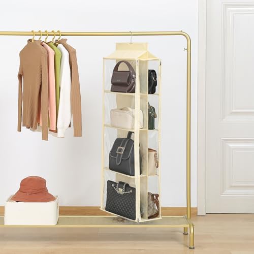 8 Grids in 1 Pack Hanging Purse Handbag Organizer with Double Zippers, Visible Purse Organizer for Closet, Fully Enclosed Purse Storage Holder-Beige - Image 6