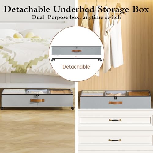 Yecaye Under Bed Storage with Wheels, 2 Pack Under Bed Storage Containers with Adjustable Dividers & Clear Window, Rolling Underbed Organizer Bins Drawers for Clothes, Shoes, Blankets, Grey - Image 5