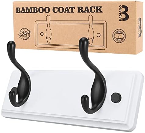 Heavy Duty Wooden Coat Rack, Wall-Mounted, Black Hook White Board, 9 Inch by BADIANO