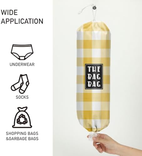 Plastic Bag Holder,Reusable And Washable Grocery Bag organizer,​for Home Kitchen Travelling Camping Decor, use 1 Pack, Yellow And White Checkerboard Pattern - Image 2