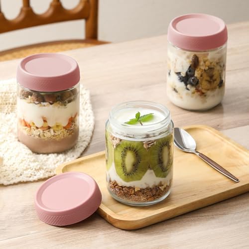 NETANY 6-pack 16oz Glass jars with Airtight Lids, Overnight Oats Containers with Lids, Wide mouth Mason Salad jars, Glass Food Storage Containers for Snacks Yogurt Spice Sugar-Pink - Image 4