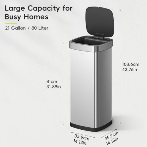 EKO EcoSmart Tall and Large Kitchen Trash Can or Recycling Bin, 80L/21.1G High Capacity, Touchless Soft Square Motion Sensor Garbage Can, Brushed Stainless Steel - Image 2