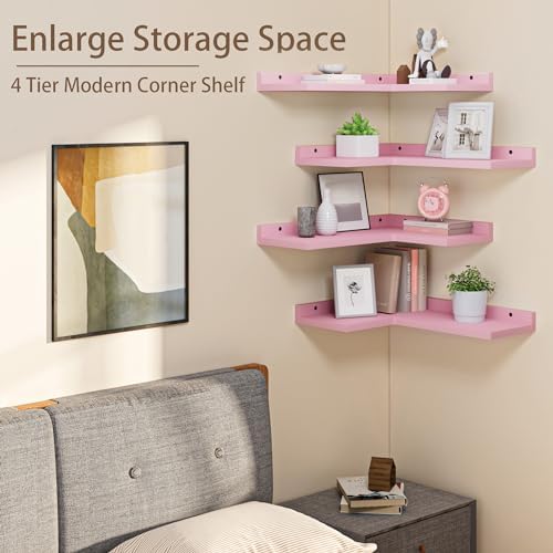4 Tier Floating Corner Shelves Pink Set of 4, Rustic Pine Wooden Floating Corner Wall Shelf for Wall Décor Storage, L Shaped Corner Shelf Wall Mount for Bedroom, Living Room, Bathroom, Kitchen. - Image 5