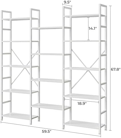 SUPERJARE Triple Bookshelf, Bookcase with 14 Open Display Shelves, Wide Book Shelf Book Case for Home & Office, 5 Tier, White - Image 3