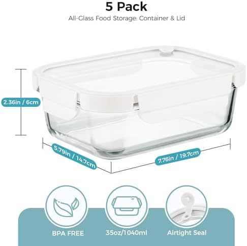 Vtopmart 5 Pack Glass Food Storage Containers with Glass Lids & Air Vent - Image 2