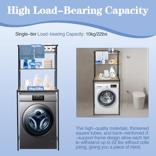 Washer and Dryer Storage Rack, 3 Tier Over The Washer and Dryer Storage Shelf, Bathroom Space Saving Organizer Shelves Space Saver Standing Rack for Bathrooms, Laundry Rooms (Black+ Oak) - Image 3