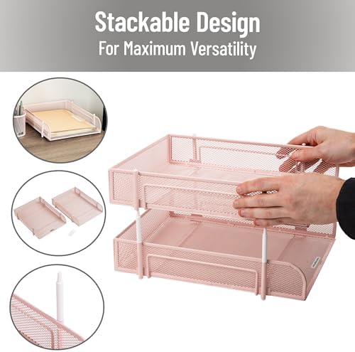 Mind Reader Stackable Paper Tray, Desktop Organizer, File Storage, Office, Metal Mesh, 2 Pcs, Pink - Image 4