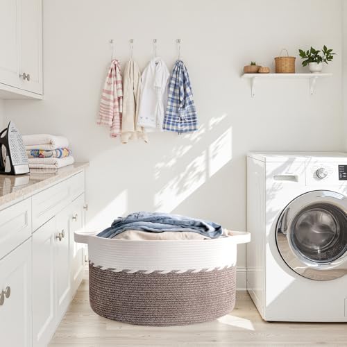 OIAHOMY 105L Extra Large Blanket Basket - Decorative Cotton Rope Storage Basket for Bedroom, Living Room & Nursery - Woven Laundry Hamper for Organizing Blankets, Clothes & Toys - Brown & White - Image 6