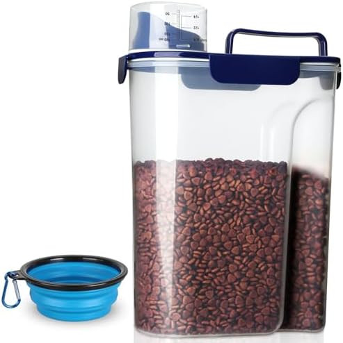 TIOVERY Dog Food Storage Container, 5-7 Lbs Airtight Pet Food Container, Cat food Container Dispenser with Portable Handle, Pouring Spout and a Collapsible bowl for Dogs Cats Navy Blue/6Qt by TIOVERY