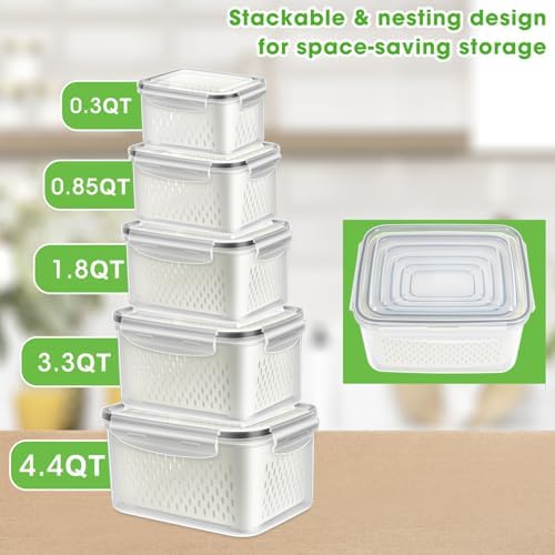 TBMax Fruit Storage Containers for Fridge Organizers and Storage, 10 Pieces Large Produce Saver with Airtight Lid & Colander for Berry Lettuce Salad Vegetable Storage, Refrigerator Organizers - Image 2