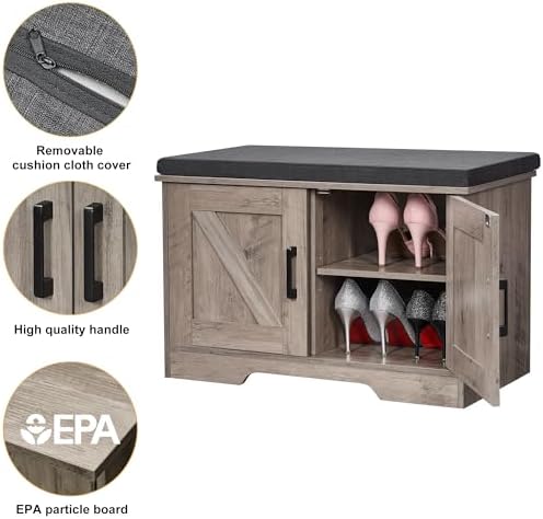 HOMSHO Farmhouse Shoe Storage Bench with 2 Barn Doors & Padded Seat Cushion - Image 5