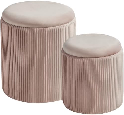 BLEXA Set of 2 Round Storage Ottoman, Velvet Pink Ottoman with Storage by OUSADOU