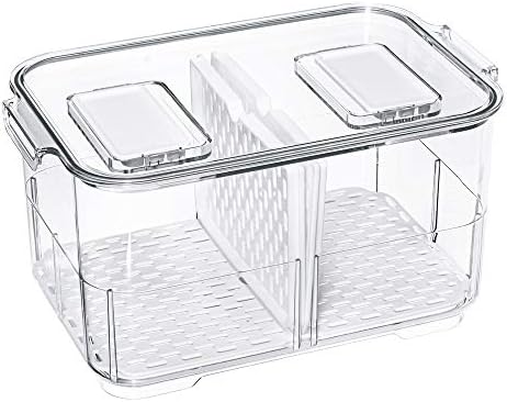 SANNO Fridge Food Storage Containers Produce Saver FreshWorks Produce Food Storage Container Bin Stackable Refrigerator Kitchen Organizer Keeper, with Removable Drain Tray to Keep Fresh by SANNO